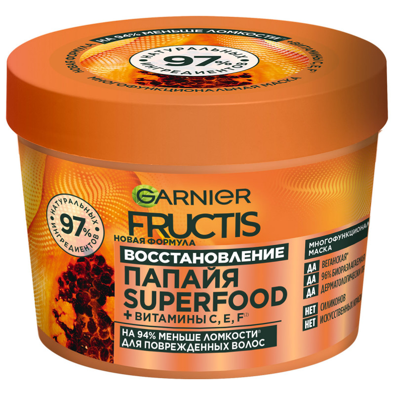 Fructis Superfood Папайя Маска восстанавливающая для поврежденных волос 390мл от Garnier + 1