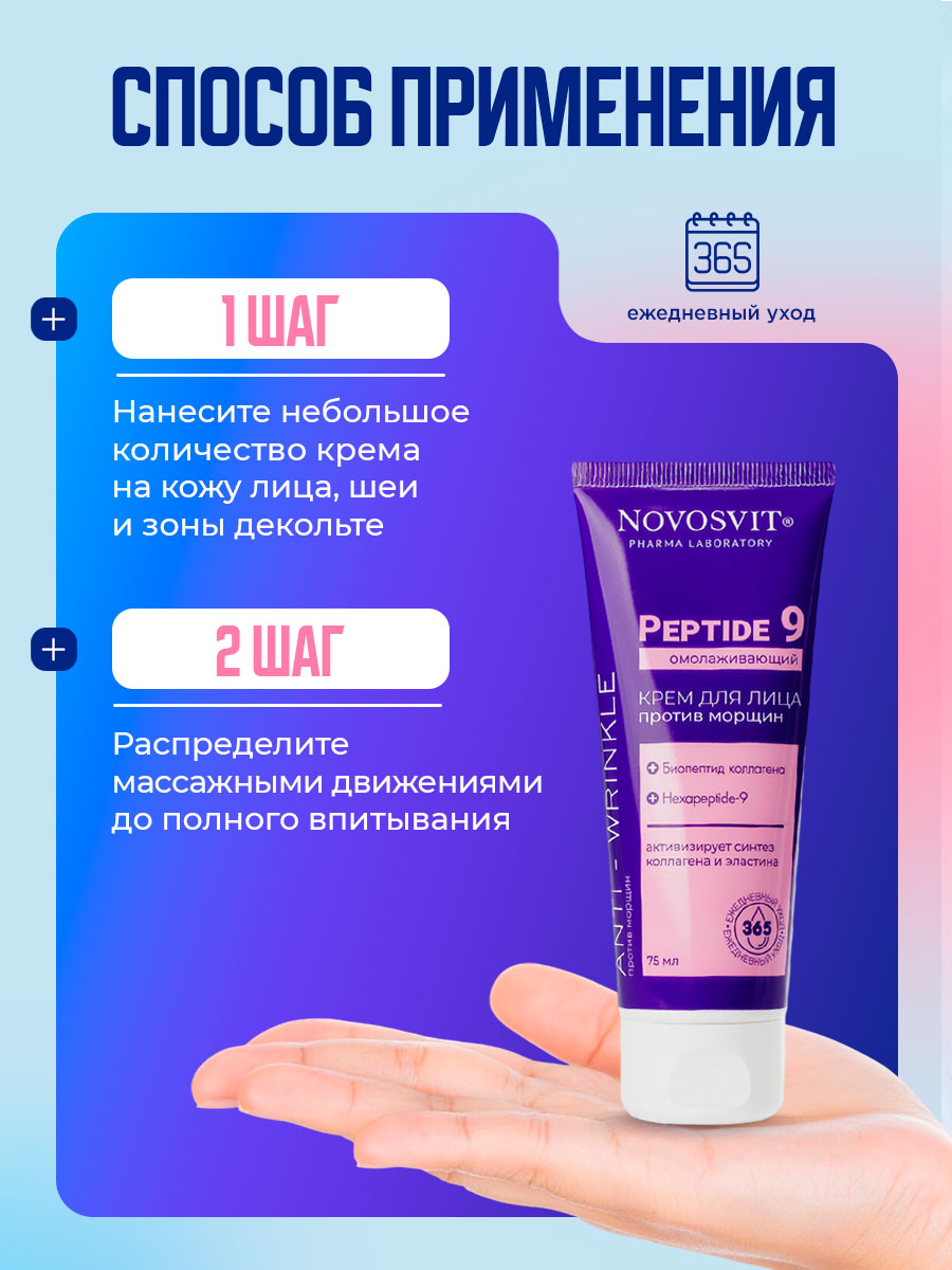 Крем для лица Омолаживающий против морщин Peptide9 75мл от Novosvit + 8