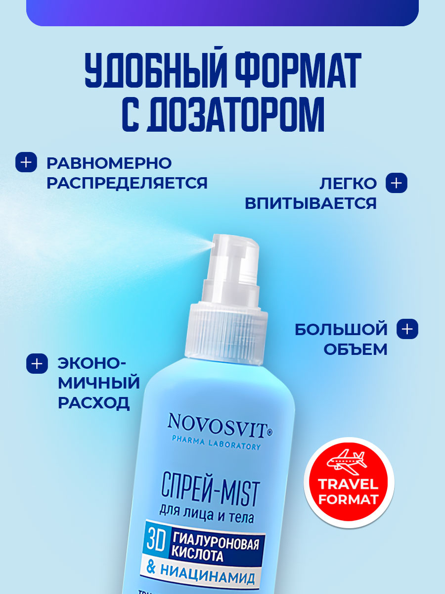 Спрей-Mist для лица и тела 3D Гиалуроновая кислота & ниацинамид 190мл  от Novosvit + 4