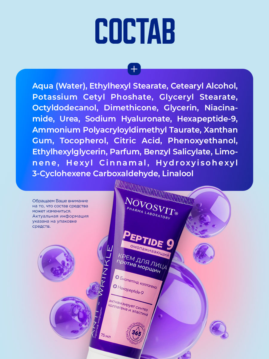 Крем для лица Омолаживающий против морщин Peptide9 75мл от Novosvit + 9