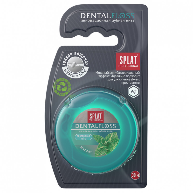 Professional DentalFloss Зубная нить Мятная с волокнами серебра 30м  от Splat + 1